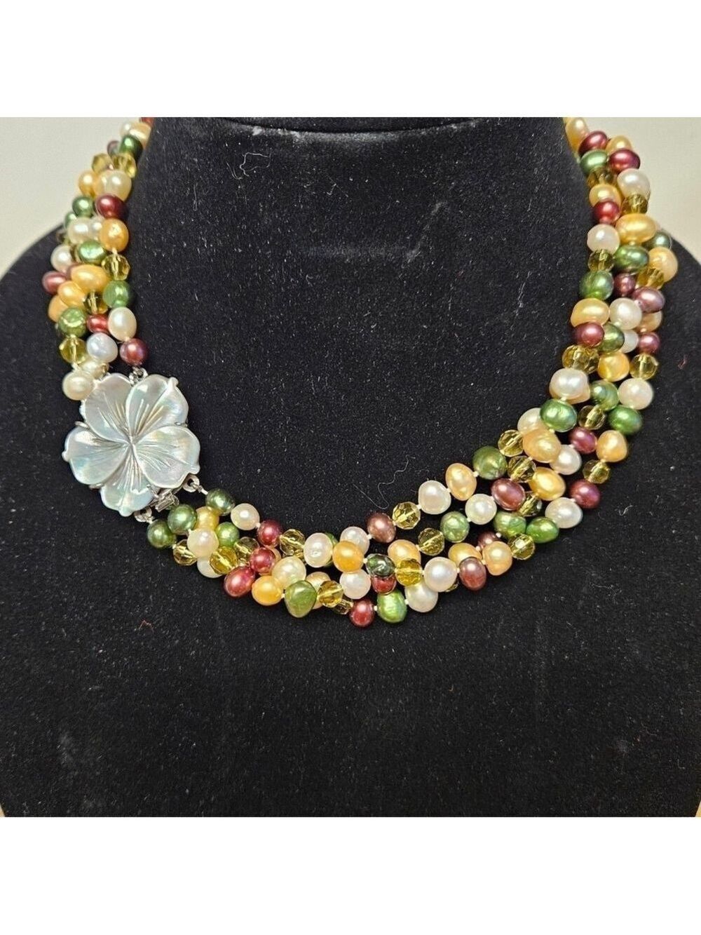 Multicolored 4-Strand Fresh Water Pearls with Flower Closure